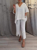 Cleo | Women's Two-Piece Set Wide Leg Pants V-Neck Top