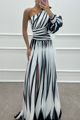 Chloe | Elegant Striped One Shoulder Maxi Dress