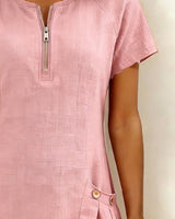 Pippa | Women's Linen Short Sleeve Zip Neck A-Line Mini Dress