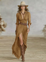 Crissa | Long Belted Dress With Pleated Lapels