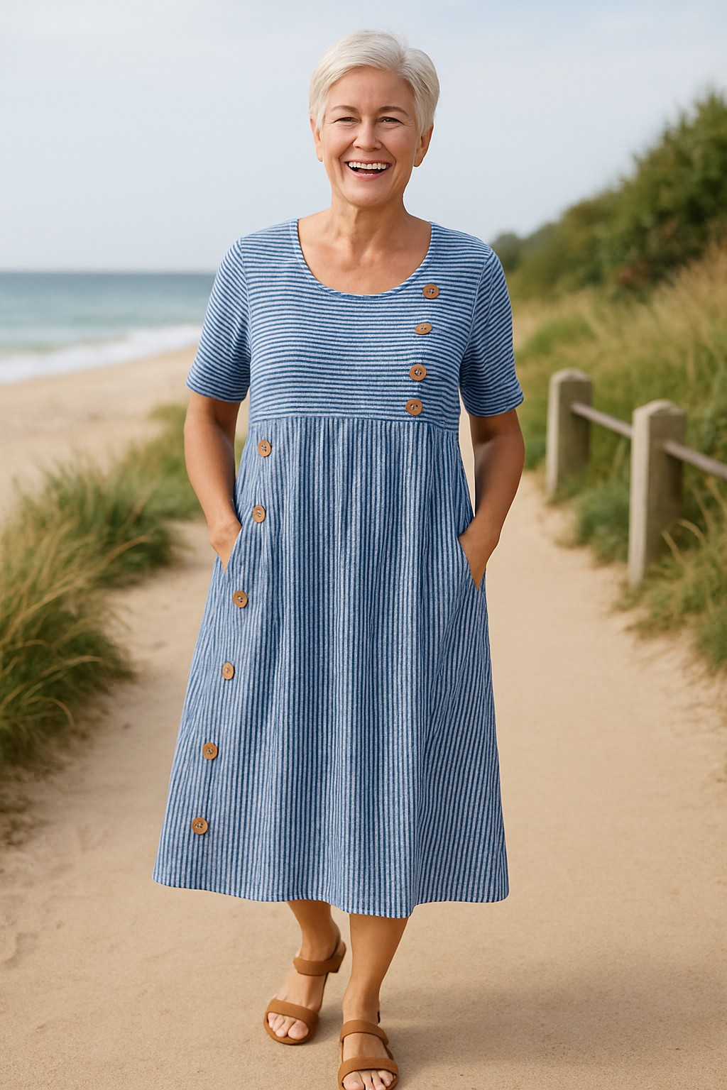 Bertine | Women's Striped Midi Dress with Pockets