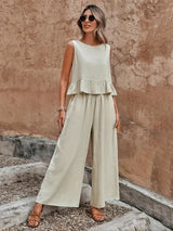 Ivy | Women's Sleeveless Ruffle Hem Top and Wide Leg Pants Set