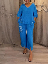 Cleo | Women's Two-Piece Set Wide Leg Pants V-Neck Top