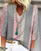 Mara | Women's Printed V-Neck 3/4 Sleeve Blouse Relaxed Fit
