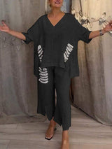 Cleo | Women's Two-Piece Set Wide Leg Pants V-Neck Top