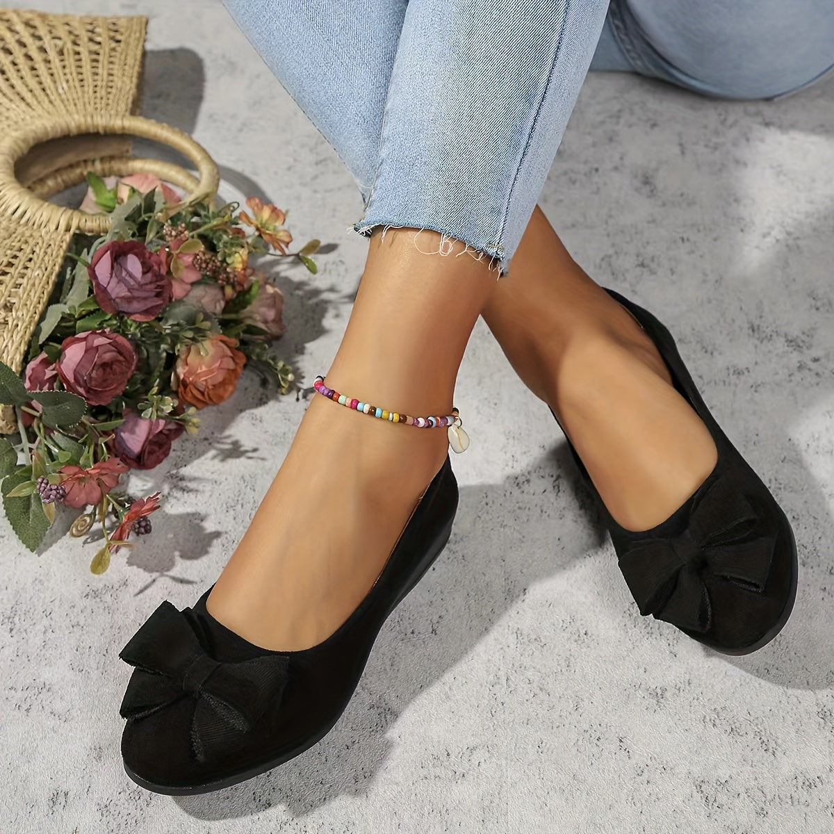 Maisie | Women's Wedge Ballet Flats Bow Detail Suede Slip On Shoes