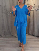 Cleo | Women's Two-Piece Set Wide Leg Pants V-Neck Top