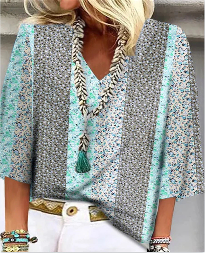 Mara | Women's Printed V-Neck 3/4 Sleeve Blouse Relaxed Fit