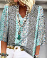 Mara | Women's Printed V-Neck 3/4 Sleeve Blouse Relaxed Fit