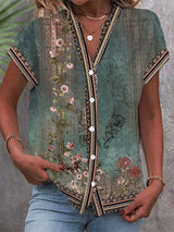 Flora | Women's Floral Print V-Neck Short Sleeve Blouse Top