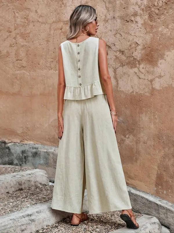 Ivy | Women's Sleeveless Ruffle Hem Top and Wide Leg Pants Set