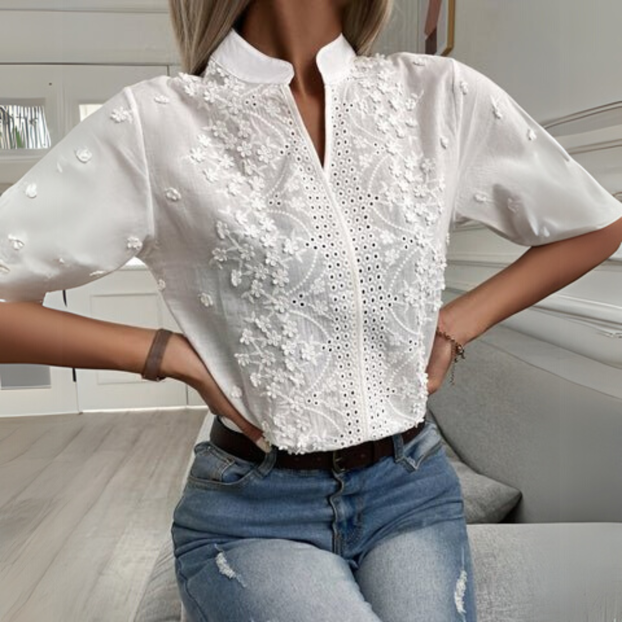 Clover | Women's Embroidered Short Sleeve Blouse