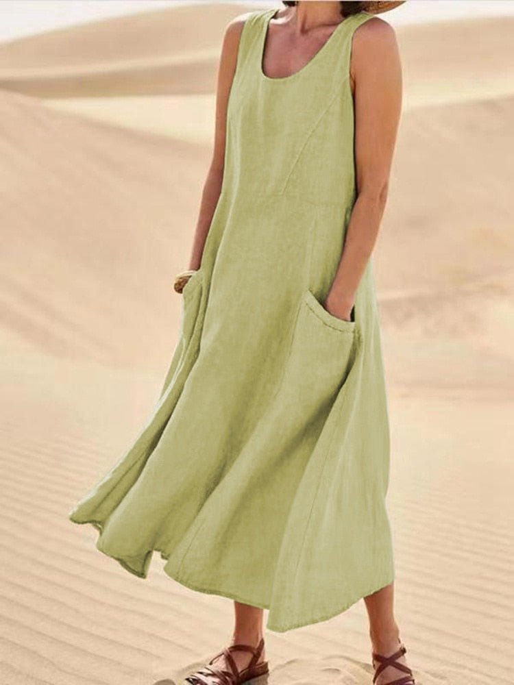 Wren | Women's Sleeveless Midi Dress Scoop Neck Pockets Casual Summer