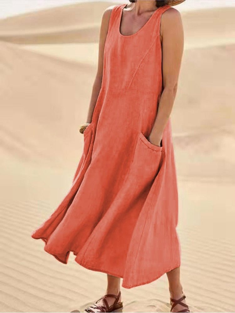 Wren | Women's Sleeveless Midi Dress Scoop Neck Pockets Casual Summer