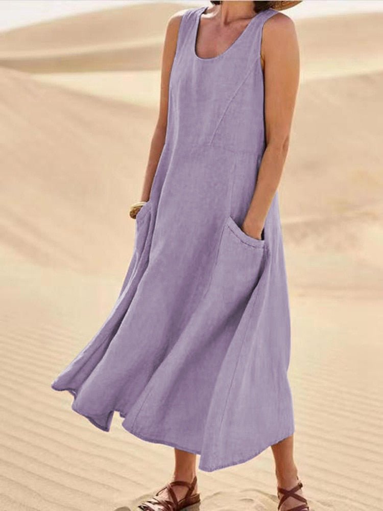 Wren | Women's Sleeveless Midi Dress Scoop Neck Pockets Casual Summer