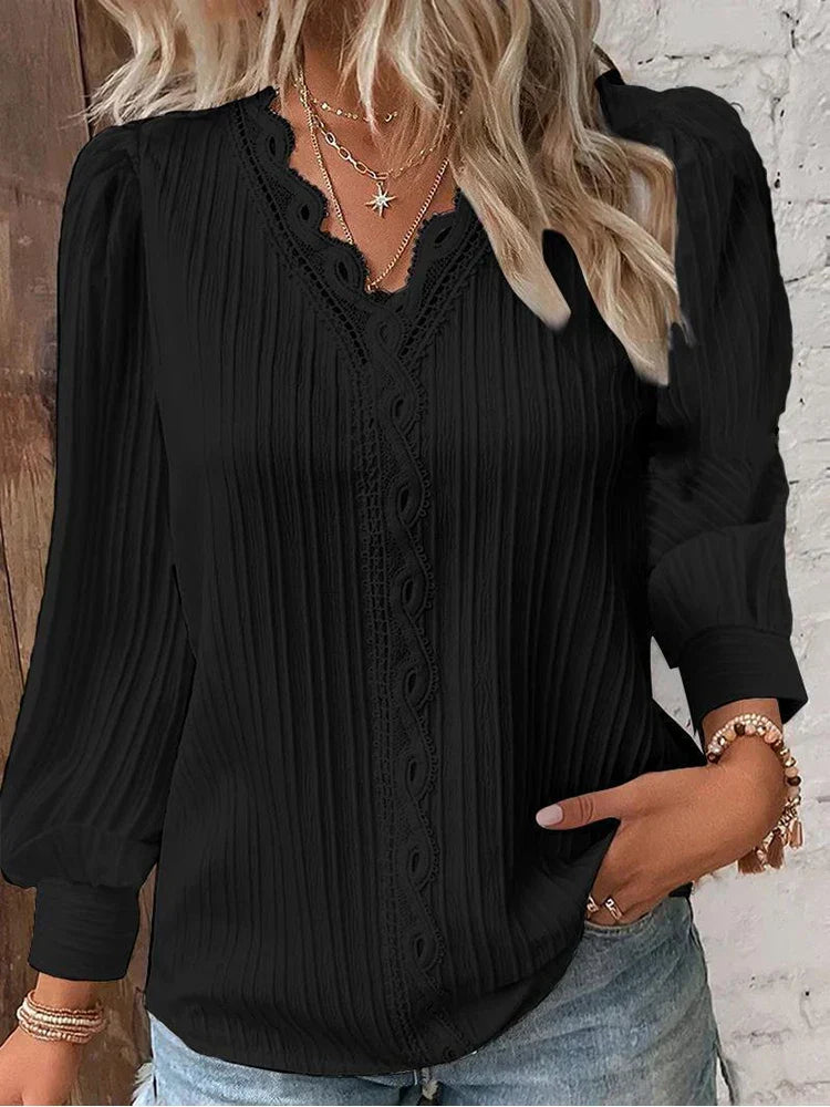 Delilah | Women's V Neck Ribbed Long Sleeve Blouse