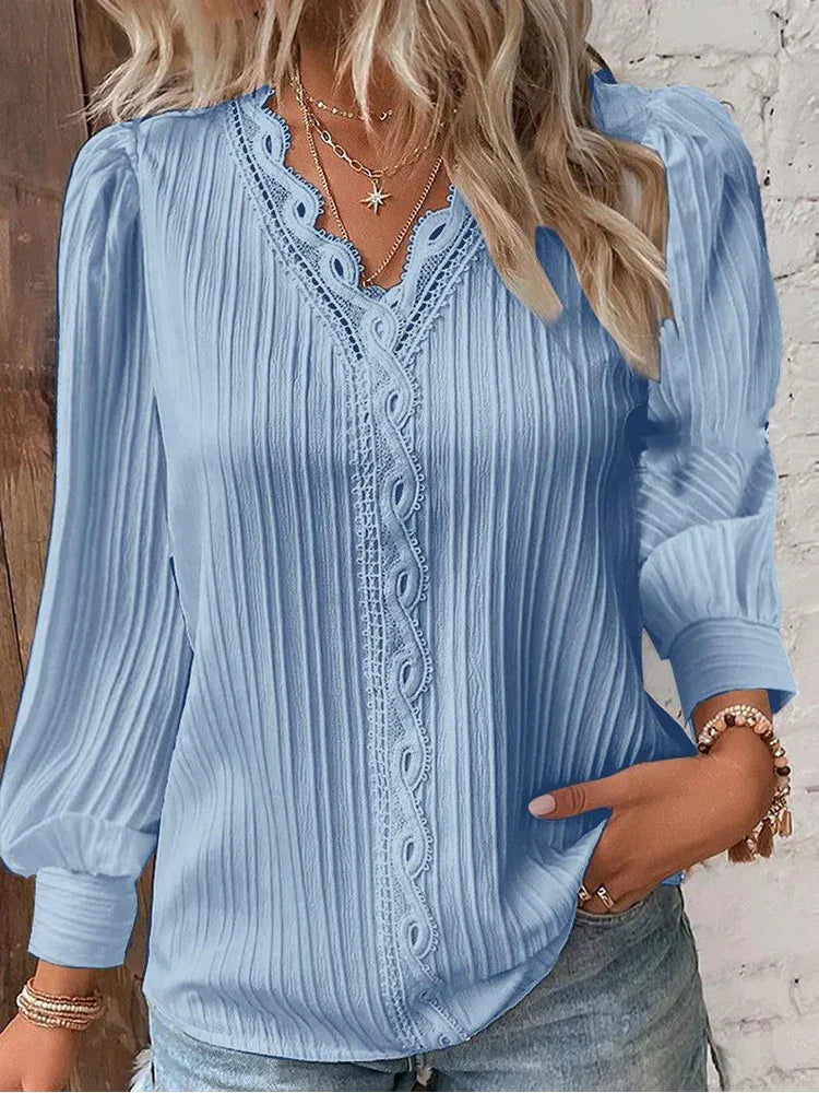 Delilah | Women's V Neck Ribbed Long Sleeve Blouse
