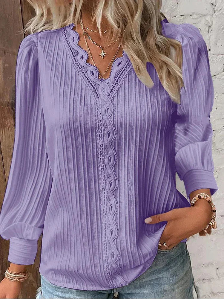 Delilah | Women's V Neck Ribbed Long Sleeve Blouse
