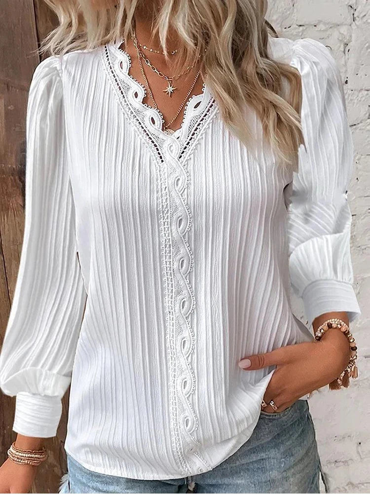 Delilah | Women's V Neck Ribbed Long Sleeve Blouse