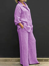 Mabel | Women's 2 Piece Textured Shirt and Wide Leg Trouser Set