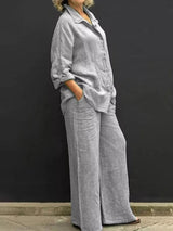 Mabel | Women's 2 Piece Textured Shirt and Wide Leg Trouser Set