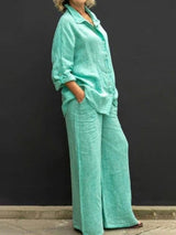 Mabel | Women's 2 Piece Textured Shirt and Wide Leg Trouser Set