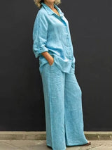 Mabel | Women's 2 Piece Textured Shirt and Wide Leg Trouser Set