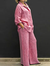 Mabel | Women's 2 Piece Textured Shirt and Wide Leg Trouser Set