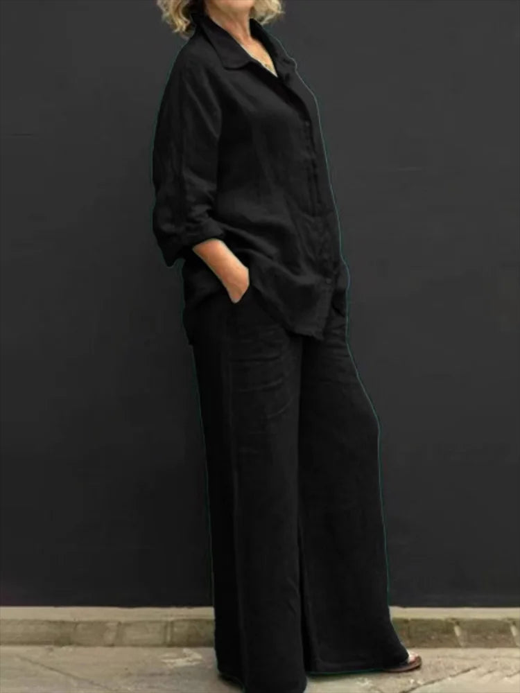 Mabel | Women's 2 Piece Textured Shirt and Wide Leg Trouser Set