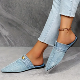 Demi | Women's Pointed Toe Denim Slip On Flat Mule Slides
