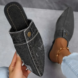 Demi | Women's Pointed Toe Denim Slip On Flat Mule Slides