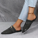 Demi | Women's Pointed Toe Denim Slip On Flat Mule Slides