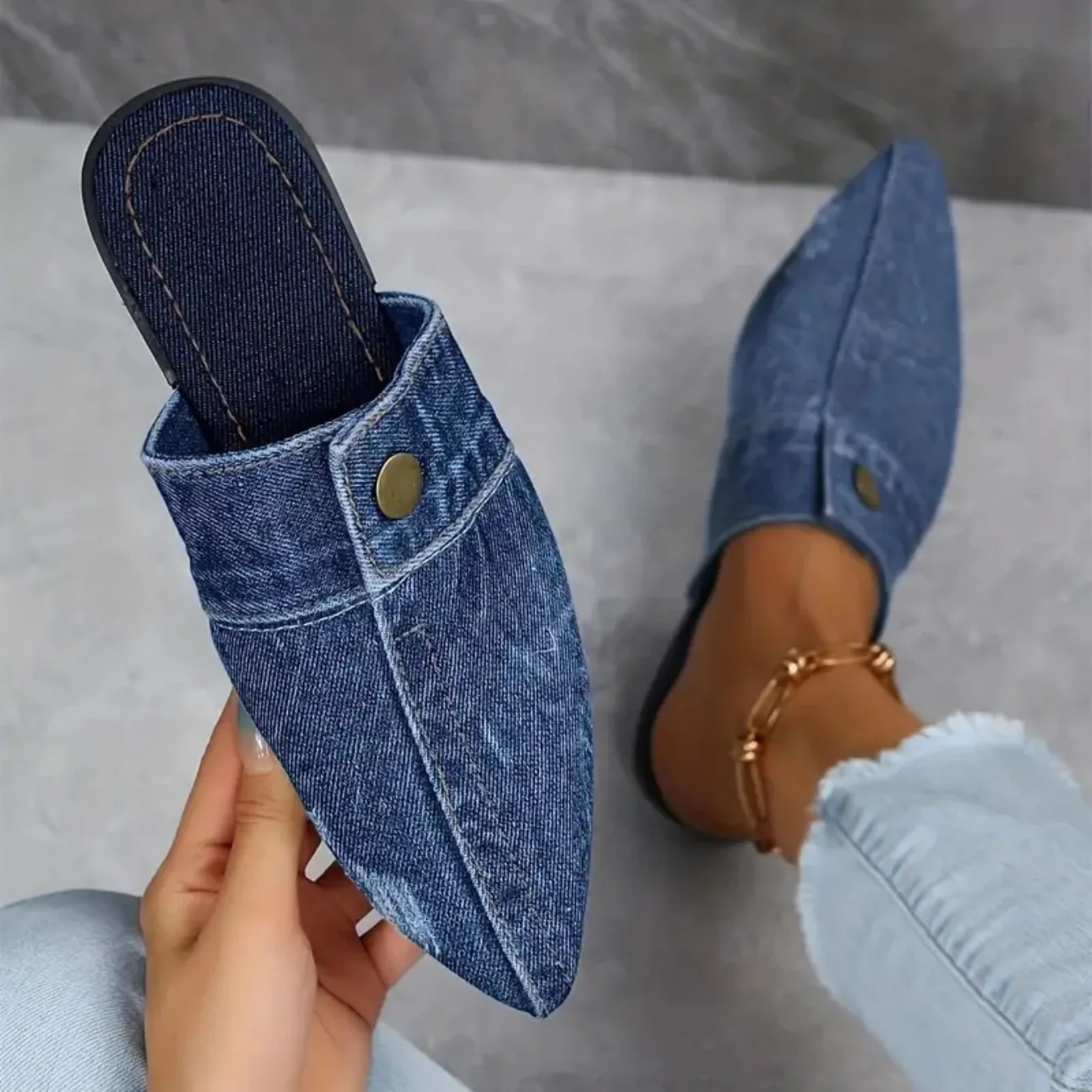 Demi | Women's Pointed Toe Denim Slip On Flat Mule Slides