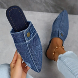 Demi | Women's Pointed Toe Denim Slip On Flat Mule Slides