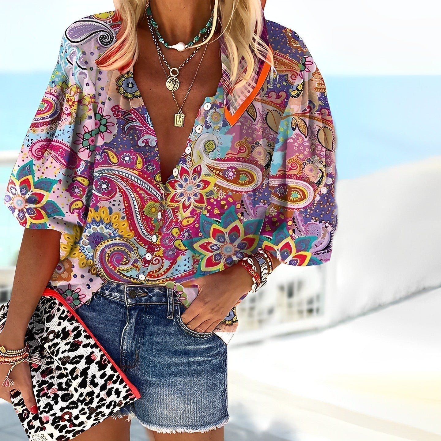 Mila | Women's Oversized Paisley Print Blouse with 3/4 Sleeves