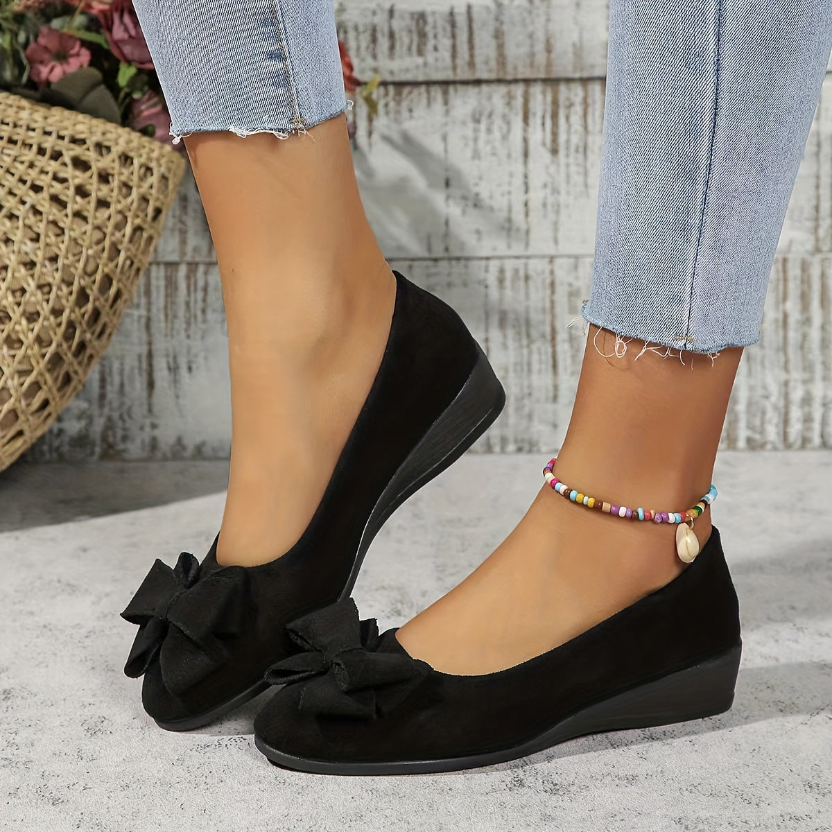 Maisie | Women's Wedge Ballet Flats Bow Detail Suede Slip On Shoes