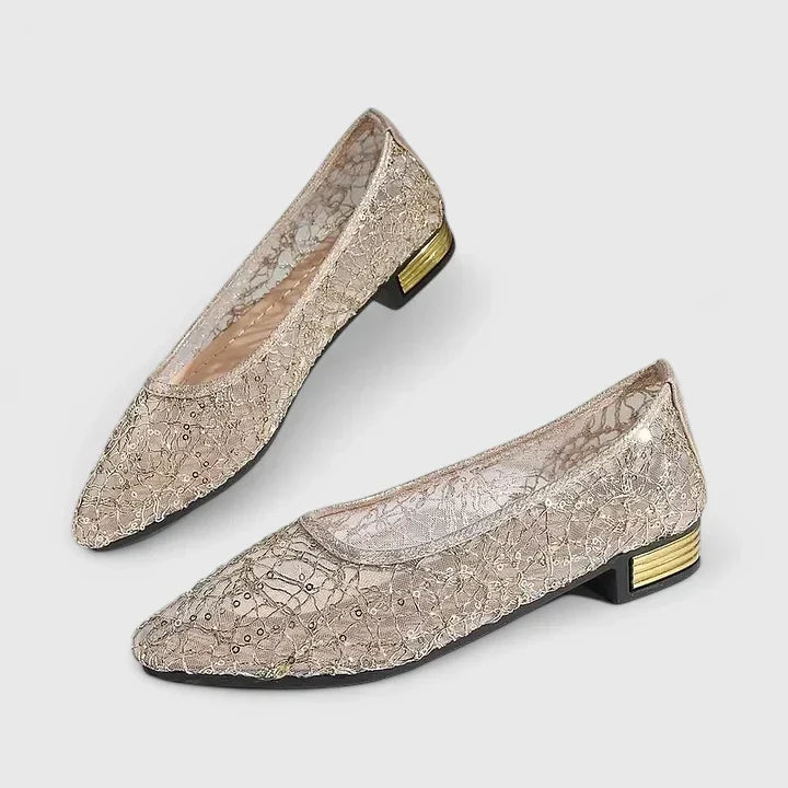 Celeste | Women's Lace Pointed Toe Flats Gold Heel Detail