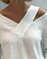 Vera | Women's Asymmetric V-Neck Long Sleeve Linen Look Top
