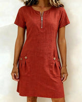 Pippa | Women's Linen Short Sleeve Zip Neck A-Line Mini Dress