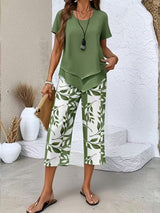 Evelira | Women's Leaf Print Two Piece Wide Leg Set