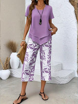 Evelira | Women's Leaf Print Two Piece Wide Leg Set