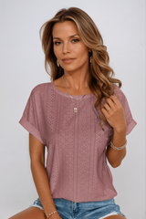 Clover | Women's Eyelet Short Sleeve Top Casual Crew Neck