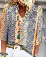 Mara | Women's Printed V-Neck 3/4 Sleeve Blouse Relaxed Fit