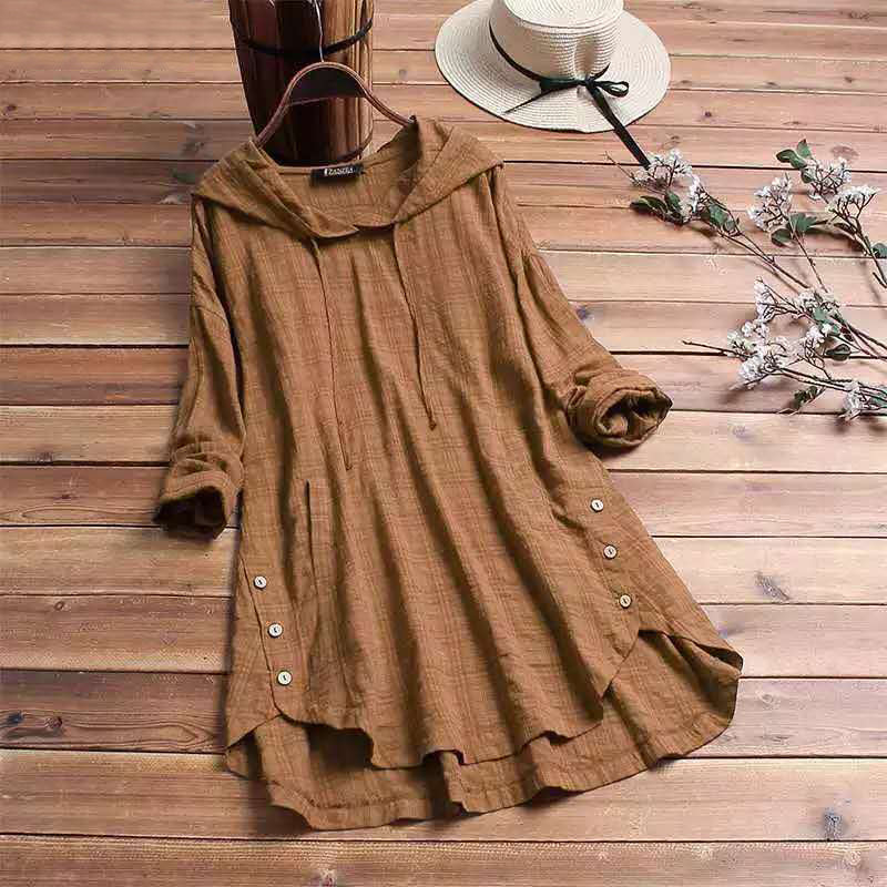 Harriet | Women's Hooded Tunic Top Long Sleeve Button Hem Shirt