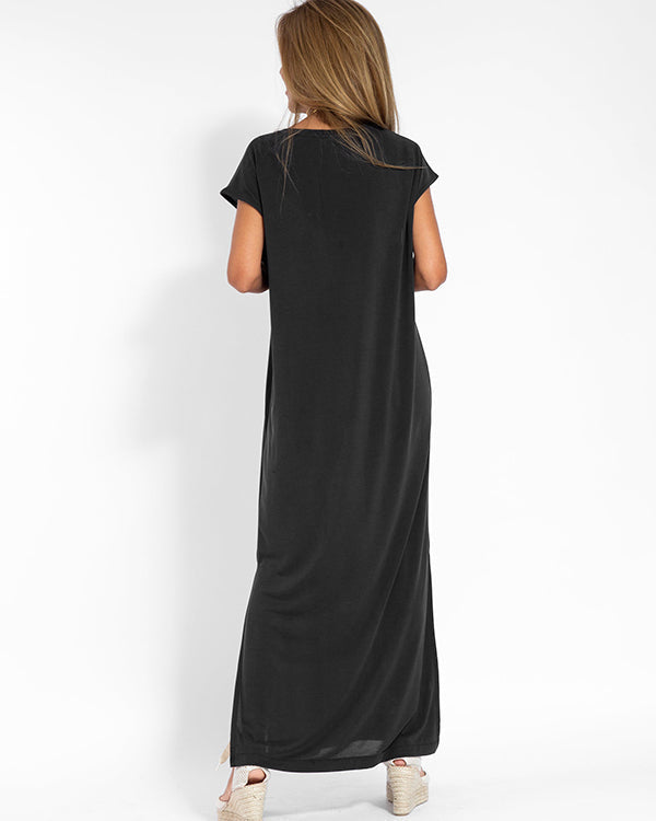 Vera | Women's V-Neck Short Sleeve Maxi Dress Side Slit Loose