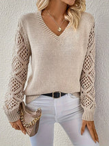 Fiona | Women's V Neck Openwork Long Sleeve Sweater