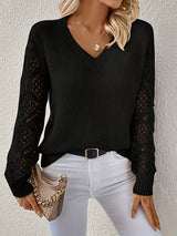 Fiona | Women's V Neck Openwork Long Sleeve Sweater