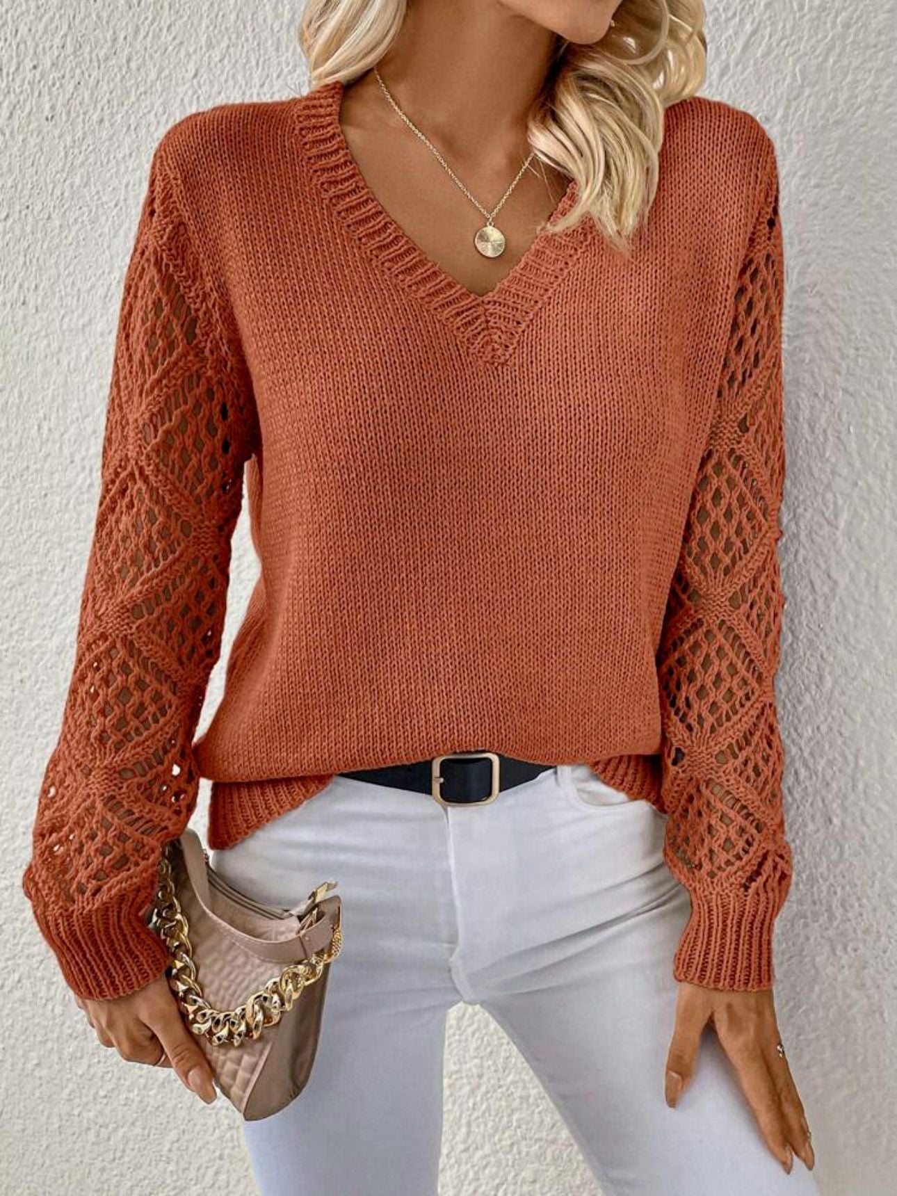 Fiona | Women's V Neck Openwork Long Sleeve Sweater