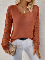 Fiona | Women's V Neck Openwork Long Sleeve Sweater