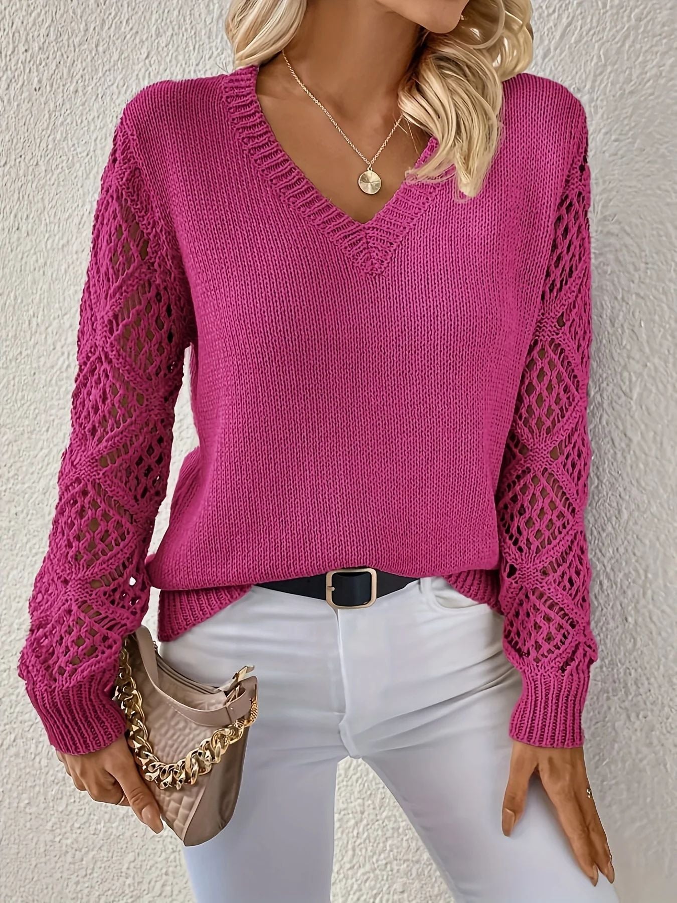 Fiona | Women's V Neck Openwork Long Sleeve Sweater